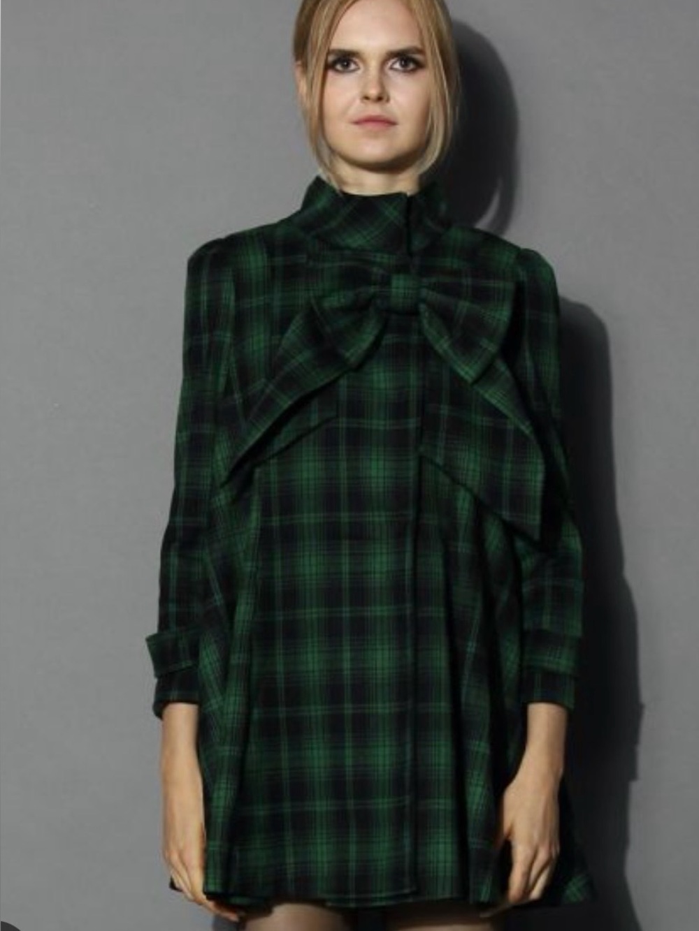 CHICWISH Green and Black Plaid Bow Front Tunic